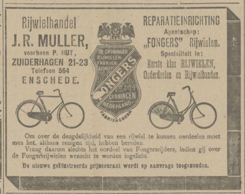 Zuiderhagen 21-23 Rijwielhandel J.R. Muller voorheen P. Hut advertentie Tubantia 26-5-1919.jpg