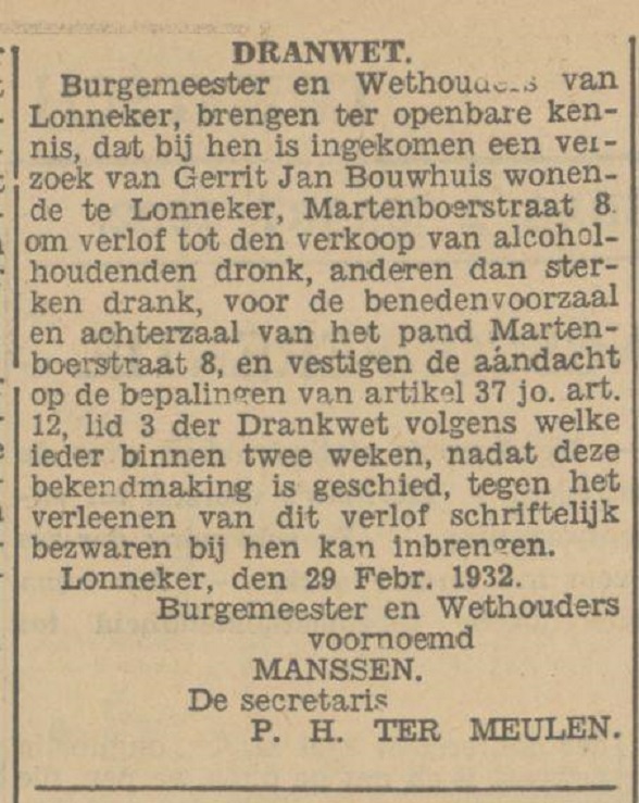 Martenboerstraat 8 G.J. Bouwhuis krantenbericht Tubantia 2-3-1932.jpg