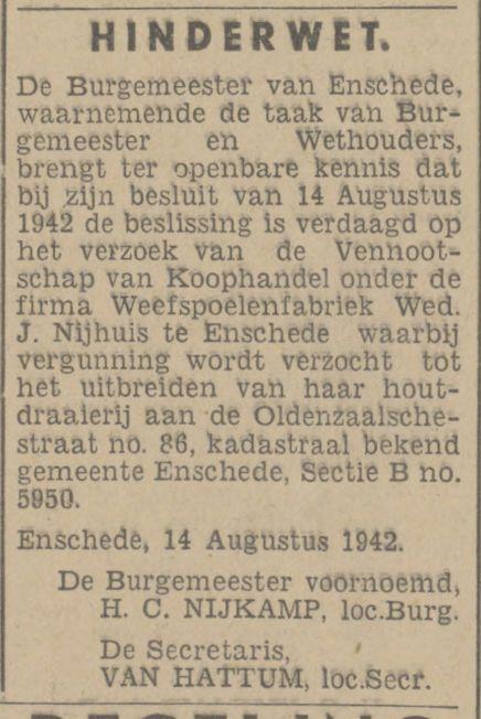 Oldenzaalsestraat 86 Fa. Wed. J. Nijhuis Weefspoelenfabriek advertentie Tubantia 14-8-1942.jpg