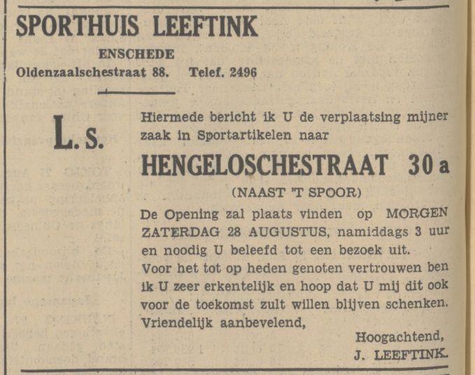 Oldenzaalsestraat 88 Hengelosestraat 30a Sporthuis Leeftink advertentie Tubantia 27-8-1937.jpg