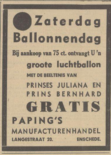 Langestraat 20 Paping Manufacturenhandel advertentie Twentsch dagblad Tubantia en Enschedesche courant. Enschede, 16-10-1936..jpg