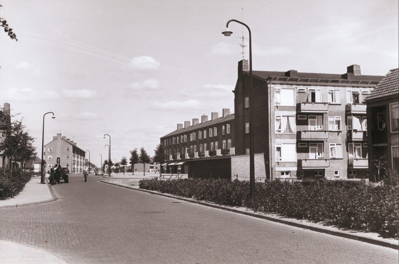 Zonstraat Flatwoningen aan de Algolstraat bezien vanaf de Zonstraat ter hoogte van de Spicastraat. Op de achtergrond is het winkelcentrum Twekkelerveld zichtbaar. Links op de voorgrond paard en wagen..jpg