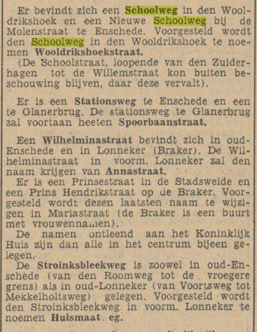 Schoolweg wordt Wooldrikshoekstraat krantenbericht Tubantia 5-5-1936.jpg