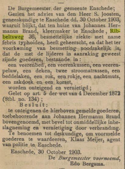 Ribbeltsweg 36 J.H. Brand kleermaker krantenbericht Tubantia 31-10-1903..jpg