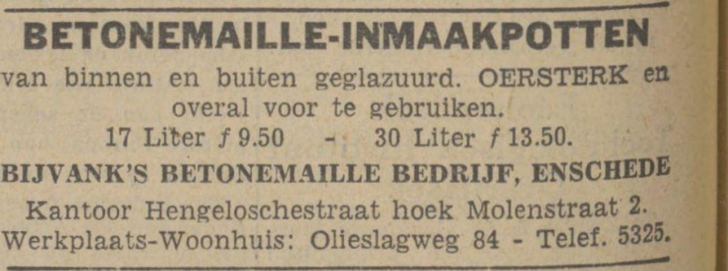 Hengelosestraat hoek Molenstraat 2 Bijvank's Betonemaille advertentieTubantia 21-8-1943.jpg