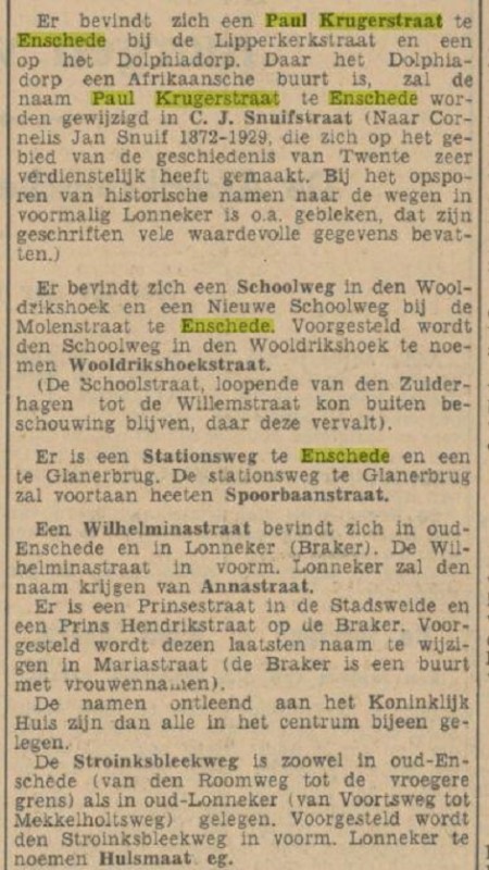 Paul Krugerstraat wordt C.J. Snuifstraat  krantenbericht Tubantia 5-5-1936.jpg