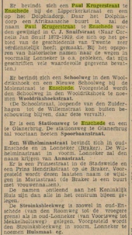 Paul Krugerstraat wordt C.J. Snuifstraat  krantenbericht Tubantia 5-5-1936.jpg