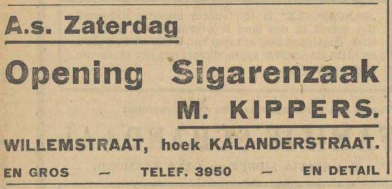 Willemstraat hoek Kalanderstraat sigarenzaak M. Kippers advertentie Tubantia 30-8-1935.jpg