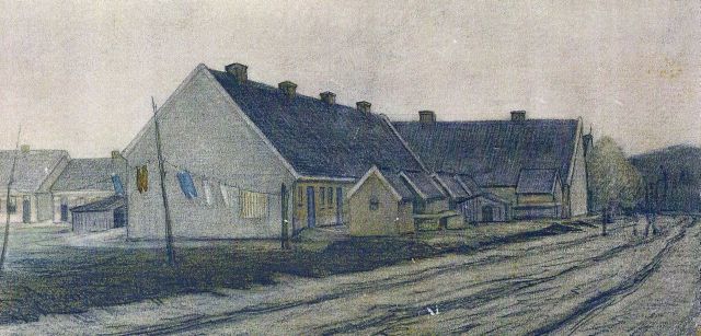 Pannekoekenweg Arbeidswoningen aan de Ekersdijk - Pannekoekenweg in Glanerbrug, in 1910 getekend door Bertha Teerink.jpg