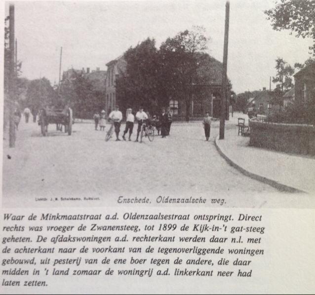 Oldenzaalsestraat hoek Minkmaatstraat. Vroeger Zwanensteeg en tot 1899 Kijk in 't Gat steeg genoemd..jpg