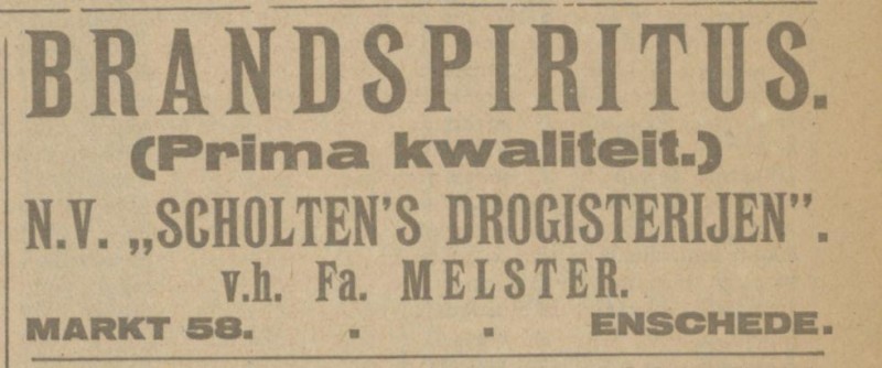 Markt 58 N.V. Scholten;s Drogisterijen vh Firma Melster advertentie Tubantia 14-9-1921.jpg