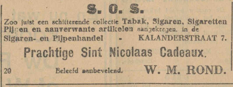 Kalanderstraat 7 Sigaren= en Pijpenhandel W.M. Rond advertentie Tubantia 22-11-1929.jpg