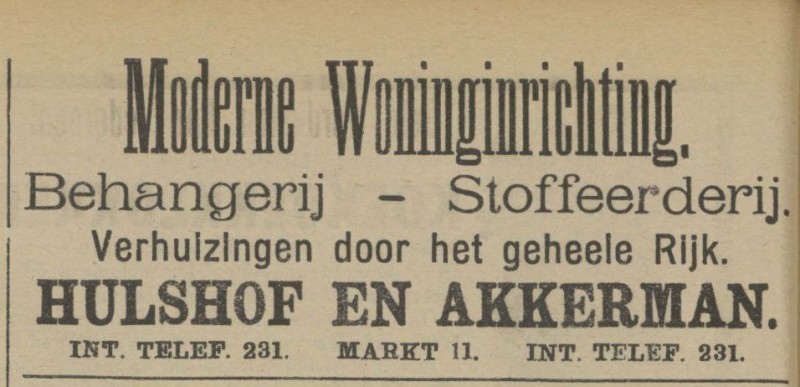 Markt 11 Behangerij Stoffeerderij Hulshof en Akkerman advertentie Tubantia 15-10-1910.jpg