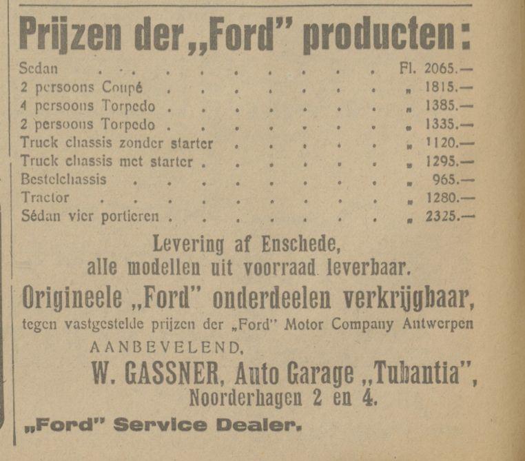 Noorderhagen 2-4 W. Gassner Auto Garage Tubantia advertentie Tubantia 4-1-1924.jpg