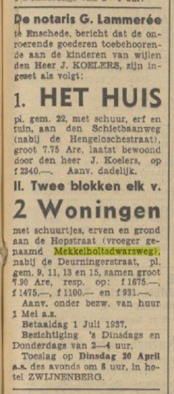 Hopstraat vroeger Mekkelholtsdwarsweg krantenbericht Tubantia 10-4-1937.jpg