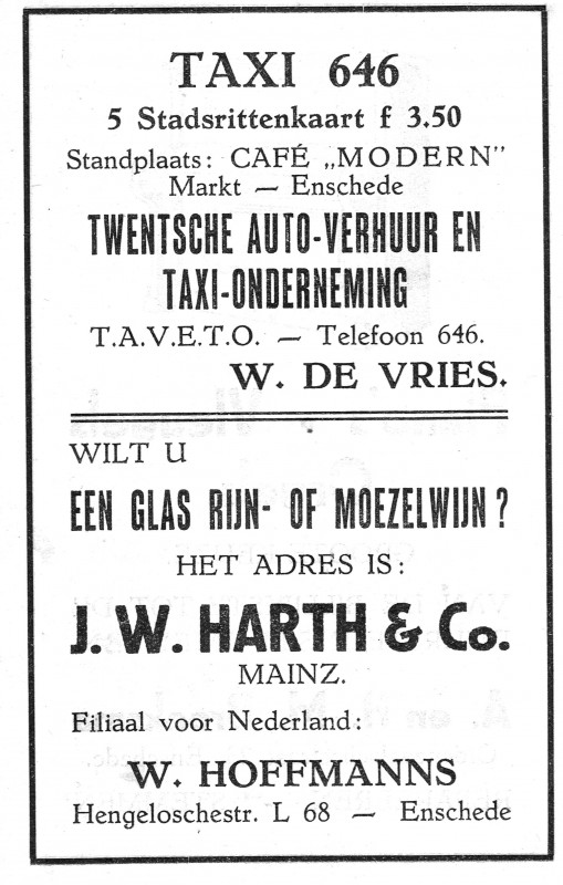 Markt Twentsch Auto-Verhuur Tax-Onderneming taveto standplaats Cafe Modern advertentie 1931.jpeg