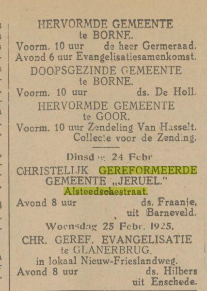 Alsteedsestraat Christelijk Gereformeerde Gemeente Jeruel krantenbericht Tubantia 21-2-1925.jpg
