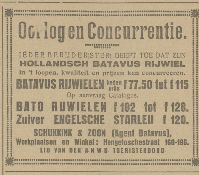Hengelosestraat 160-196 werkplaatsenen winkel Schukkink $& Zoon Batavus Rijwielen advertentie Tubantia 5-3-1923.jpg