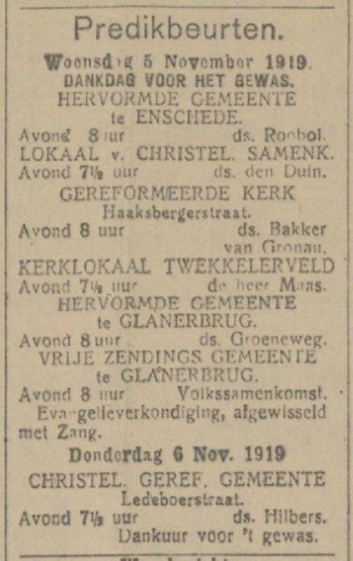 Ledeboerstraat Christelijke Gereformeerde Gemeente krantenbericht Tubantia 5-11-1919.jpg