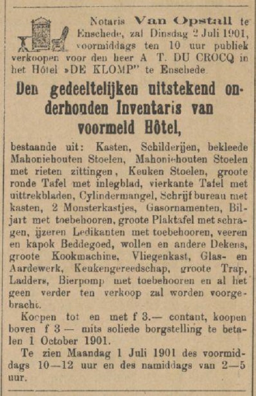 Hotel De Klomp A.T. Du Crocq verkoop inventaris advertentie Tubantia 22-6-1901.jpg