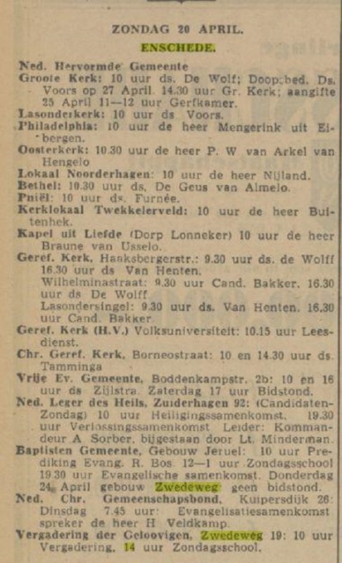 Zwedeweg Baptisten Gemeente. Gebouw Jeruel. krantenbericht Tubantia 19-4-1941.jpg