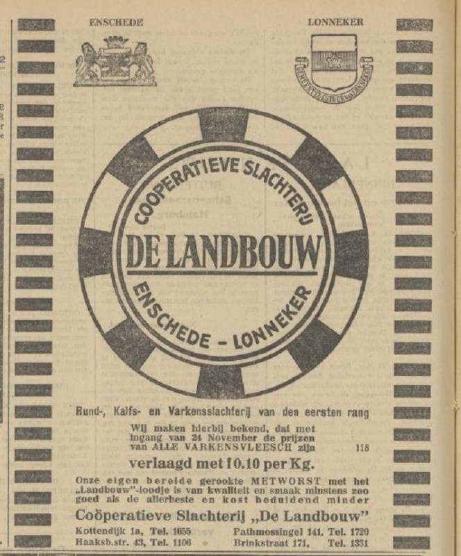 Brinkstraat 171 Coöperatieve Slachterij De Landbouw advertentie Tubantia 24-11-1930.jpg