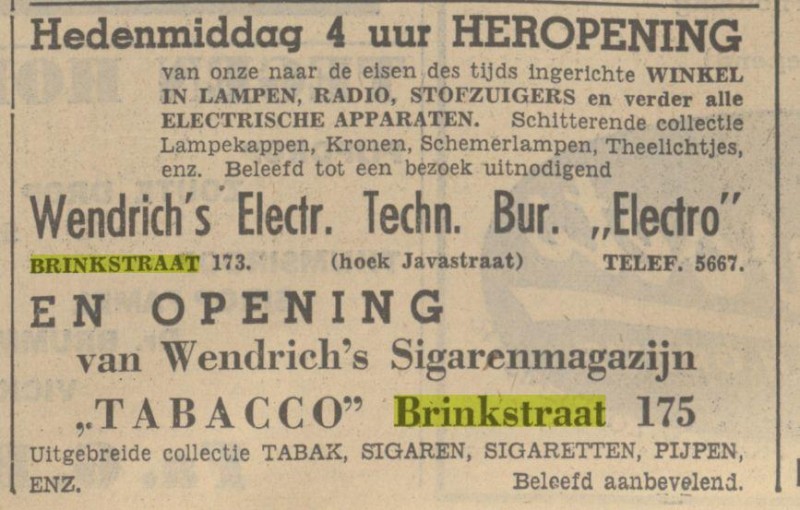 Brinkstraat 173 Wendrich electro Brinkstraat 175 Wendrich Sigarenmagazijn advertentie Tubantia 31-10-1936.jpg