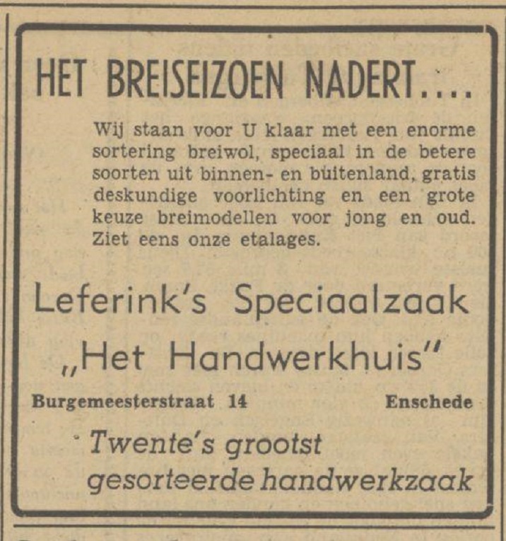 Burgemeesterstraat 14 Leferink's Speciaalzaak Het Handwerkhuis advertentie Tubantia 17-8-1951.jpg