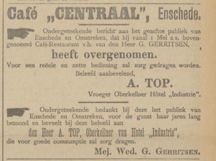 Gronausestraat hoek Kalanderstraat Cafe Centraal advertentie Tubantia 2-5-1914.jpg