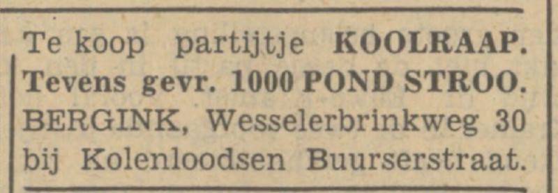 Wesselerbrinkweg 30 bij Kolenloodsen Buurserstraat Bergink advertentie Tubantia 11-12-1940.jpg