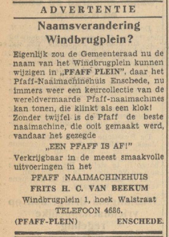 Windbrugplein naamsverandering Pfaff-plein  Naaimachinehandel Frits H.C. van Beekum advertentie Tubantia 19-5-1951 .jpg