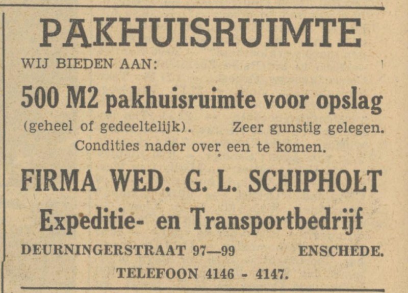 Deurningerstraat 97-99 Firma Wed. G.L. Schipholt Expeditie- en Transportbedrijf advertentie Tubantia 20-4-1949.jpg