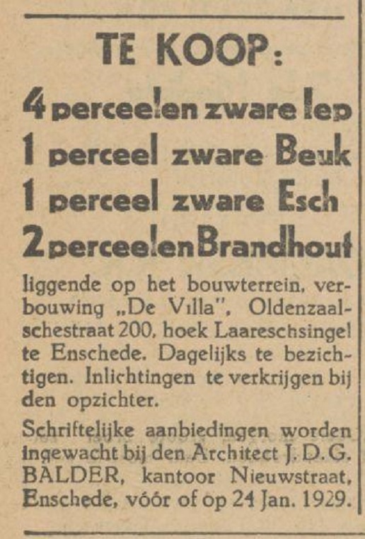 Oldenzaalsestraat 200 hoek Laaressingel villa architect J.D.G. Balder advertentie Tubantia 19-1-1929.jpg