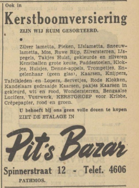 Spinnerstraat 12 Pit's Bazar advertentie Tubantia 20-12-1949.jpg