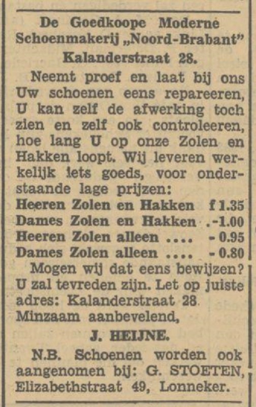 Kalanderstraat 28 J. Heijne schoenmakerijk Noord Brabant advertentie Tubantia 9-5-1933.jpg