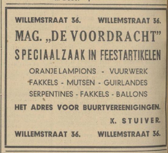 Willemstraat 36 Magazijn De Voordracht K. Stuiver advertentie Tubantia 16-12-1936.jpg