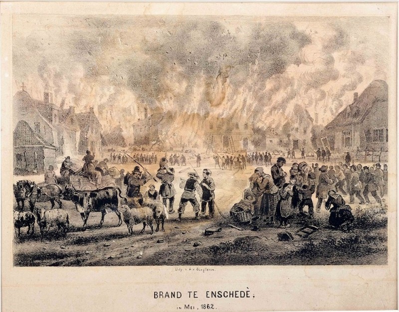 steendruk Fantasie-afbeelding van een brandende stad . Enschede. 1862. bron Twentse Welle.jpg