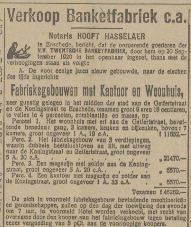 Getfertstraat Koningstraat Twentsche Banketfabriek advertentie Tubantia 2-10-1920.jpg