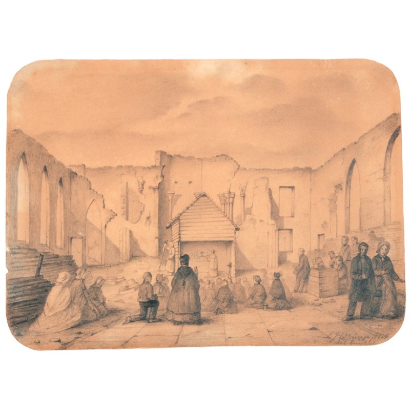 Potloodtekening Godsdienstoefening in de afgebrande R.K. Sint Jacobuskerk aan de Markt te Enschede. vervaardiger Lambertus Johannes Bruna 1822-1906.jpg