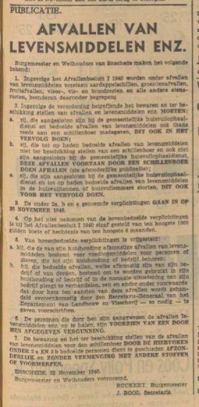 Afval van levensmiddelen publicatie van B e W Enschede in de Tubantia van 22-11-1940.jpg