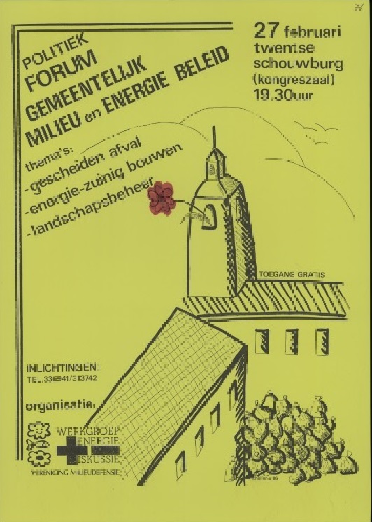 Affiche Politiek forum gemeentelijk milieu en energiebeleid  over gescheiden afval enz door werkgroep energie en discussiee Vereniging Milieudefensie 27-2-1986.jpg