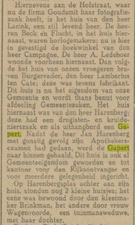 Langestraat Hofstraat drogisterij en kruidenierszaak Jan Harenberg 'n Gapert uithangteken krantenbericht Tubantia 16-12-1922.jpg