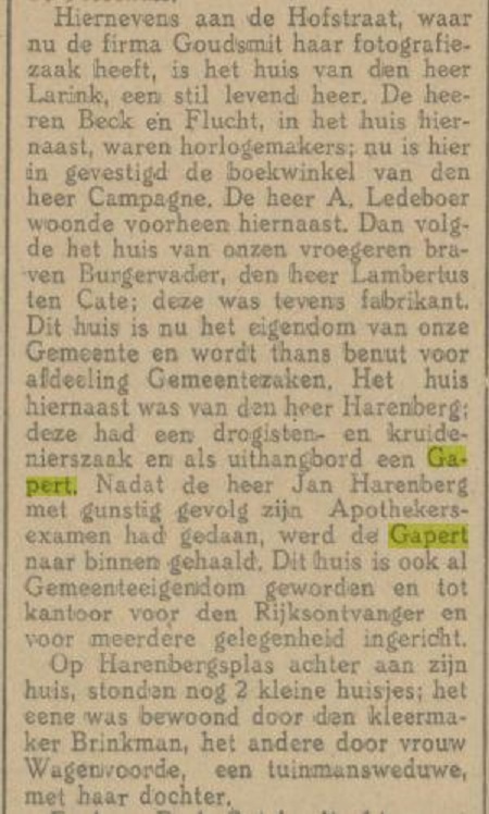 Langestraat Hofstraat drogisterij en kruidenierszaak Jan Harenberg 'n Gapert uithangteken krantenbericht Tubantia 16-12-1922.jpg