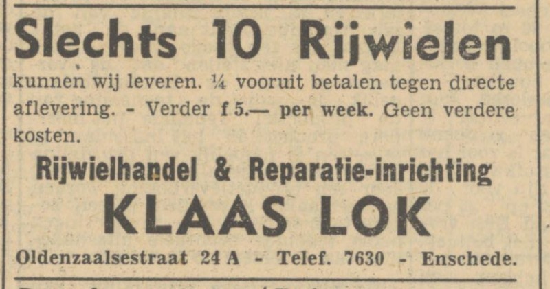 Oldenzaalsestraat 24a Rijwiel & Reparatie-inrichting Klaas Lok advertentie Tubantia 10-10-1951.jpg