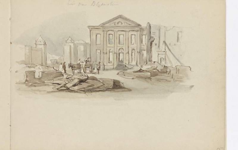 Espoort met ruïne Blijdensteinhuis Enschede, vanuit de stad gezien 1862-1863.jpg