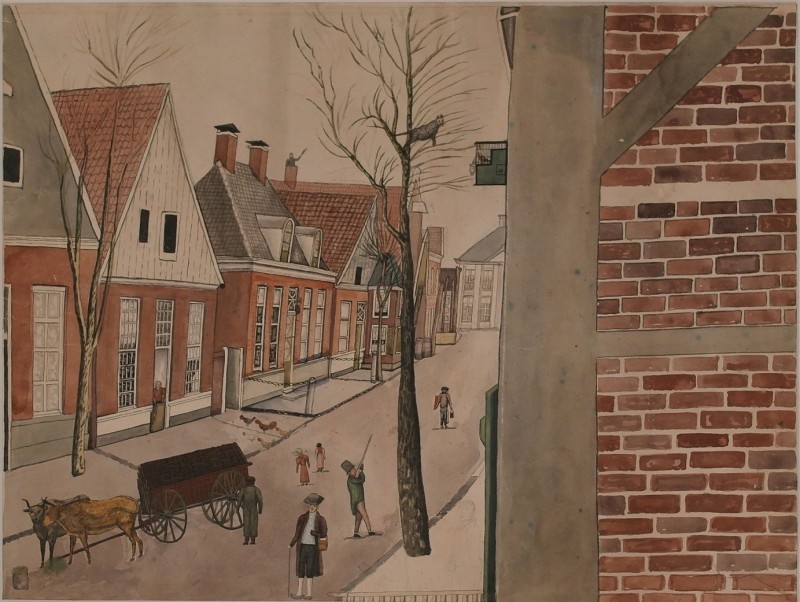 Aquarel De Langestraat te Enschede in 1840, gedeelte west-oost. vervaardiger W.J. Meyer.jpg