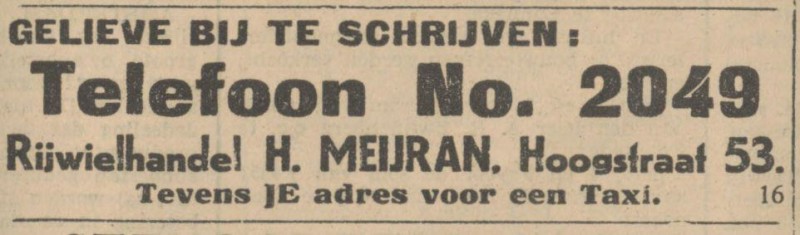 Hoogstraat 53 Rijwielhandel H. Meijran ook voor een taxi. advertentie Tubantia 19-2-1930.jpg