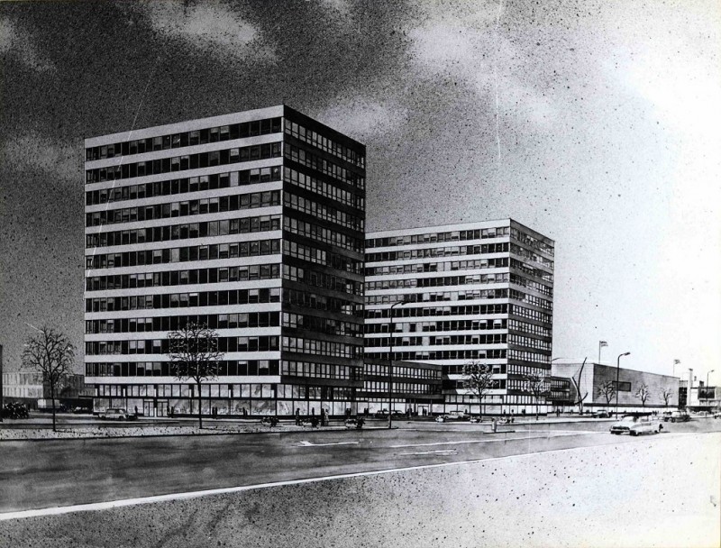 Boulevard 1945 Afbeelding van tekening met o.a. Twentec-torens en V&D 1961.jpg
