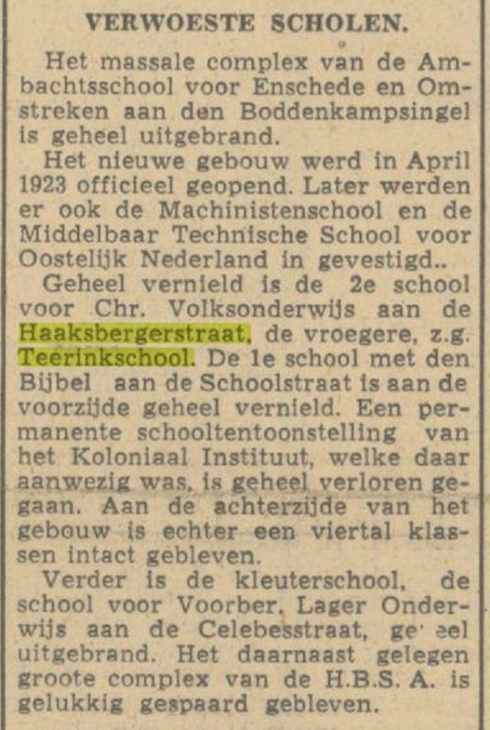 Haaksbergerstraat Teerinkschool door brandbommen verwoest krantenbericht Twentsch nieuwsblad 24-2-1944.jpg
