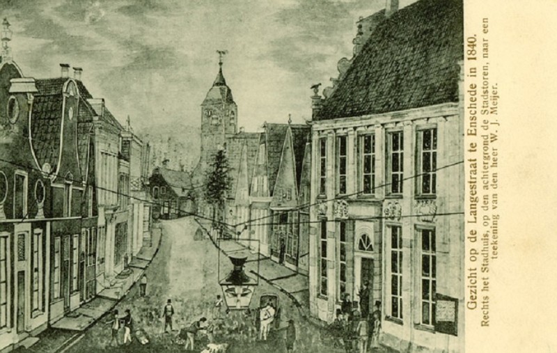 Langestraat1840 Oude Stadhuis en Herv. Kerk met oude toren. tekening W.J. Meijer.jpg